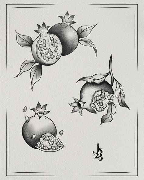 Jordi Simons on Instagram: "Some more pom designs and a few placement ideas. These babies are up for grabs and will only be tattooed once 🌿 . . . #bayareatattoo #bayareatattoos #bayareatattooer #sfpeninsulatattoo #femaleartists #femaletattooartist #femaletattooartists #pomegranate #pomegranates #pomegranatetattoo #fruittattoo #blackandgrey #fruitflash #tattooflash #sanmateotattooer #bayareatattoos" Black And Grey Pomegranate Tattoo, Pomegranate Tattoo Black And White, Pomegranate Tattoo, Tats Ideas, Fruit Tattoo, Flash Ideas, Favorite Tattoos, Pomegranate Art, Traditional Style Tattoo