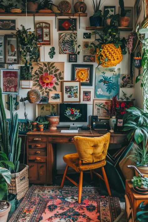 47+ Boho Home Office Ideas Art Studio Office Ideas, Maximalist Home Office Ideas, Home Office Creative Space, Work Space Interior Design, Eclectic Workspace, Creative Space Ideas, Home Office Bright, Home Office With Plants, Bright Office Decor