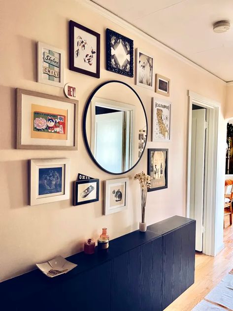 Picture Wall Layout, Condo Art, Bright Decor, Photo Wall Decor, Gallery Wall Living Room, Gallery Wall Decor, Living Room Mirrors, Mirror Wall Decor, Apartment Living