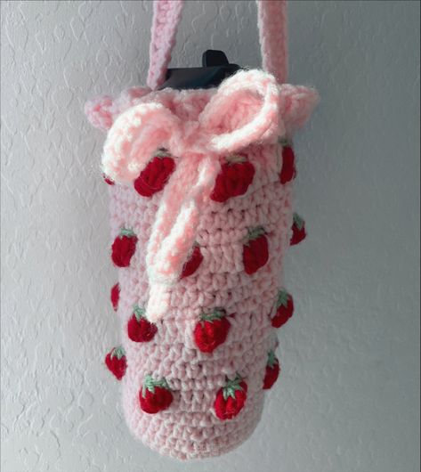 crochet water bottle holder Crochet Strawberry Water Bottle Holder Pattern Free, Strawberry Stitch Crochet, Crochet Strawberry Stitch, Strawberry Water Bottle, Stitch Water Bottle, Strawberry Stitch, Crochet Bottle Holder, Milk Bottle Holder, Crochet Water Bottle