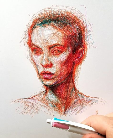 Scribble Color Pen Portraits. Click the image, for more art from Alberto Russo. Pen Sketch Portrait, Ball Pen Sketch, Ball Pen Drawing, Pen Portraits, Scribble Drawings, Pen Portrait, Ballpoint Pen Drawing, Pen Drawings, Color Pen