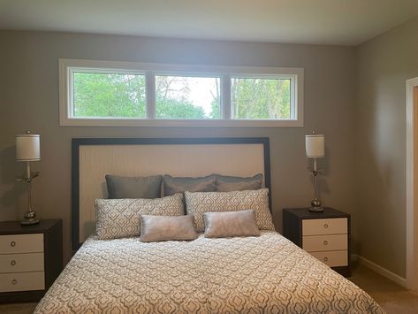 Narrow Window Above Bed, High Window Above Bed, Transom Window Above Bed, Clerestory Windows Bedroom, Horizontal Windows Bedroom, Double Window Bedroom, Windows On Either Side Of Bed, Transom Windows Bedroom, Bedroom With Window Behind Bed