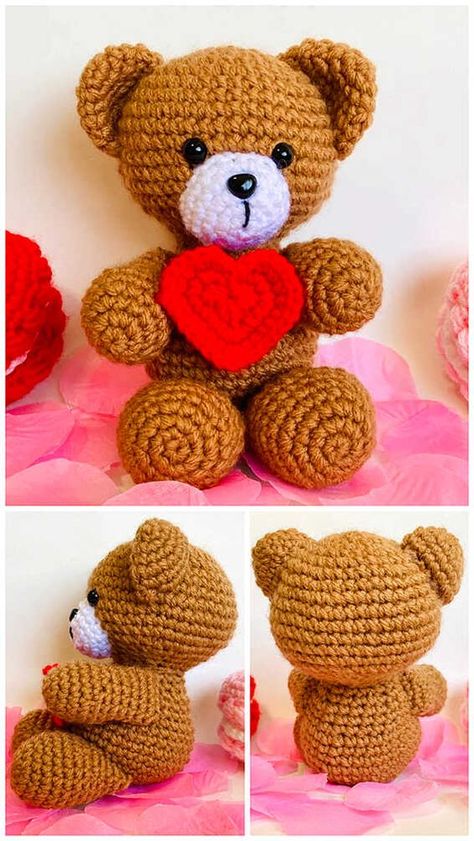 Crochet Valentine Bear’s Amigurumi Free Pattern - Always Free Amigurumi Crochet Valentine Teddy Bear Pattern Free, Valentine's Day Crochet, Valentine Bear, Crochet Valentine Patterns, Teddy Bear Knitting Pattern, Crochet Valentine, Bear Patterns Free, Teddy Bears Valentines, Valentines Patterns