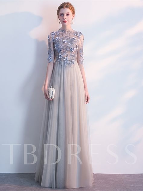 Muslim Prom Dress, Bridesmaid Color, High Neck Evening Dress, Lace Long Prom Dress, Prom Dress Lace, Grey Evening Dresses, Mode Rose, Evening Wear Dresses, Hijabi Outfit