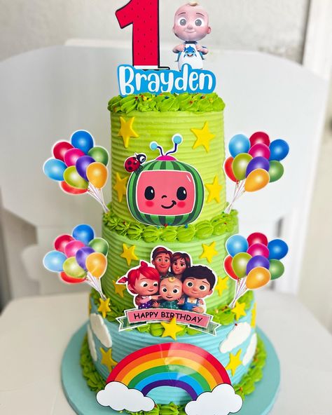 Cocomelon Cake Without Fondant, Cakes Without Fondant, Cocomelon Cake, Melon Cake, Baby Birthday Party Theme, Coco Melon, Cocomelon Birthday, 1st Birthday Party Decorations, Birthday Cake Topper Printable