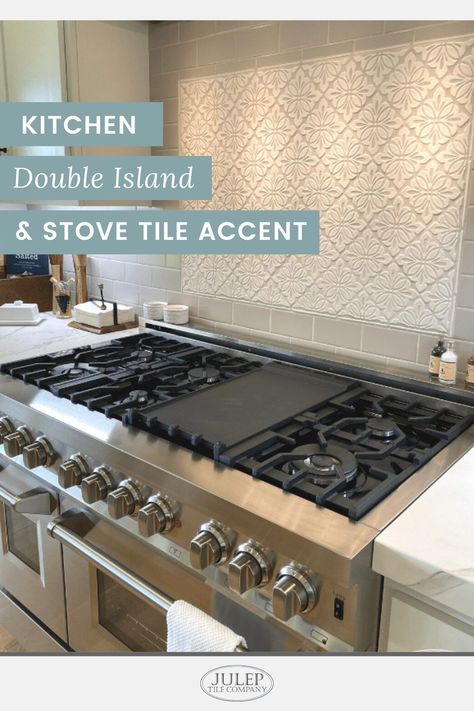 A sweet client of ours sent photos of her newly remodeled kitchen and naturally, I couldn't wait to share them with you! For the decorative tile accent over the stove, she chose our Cobham Handmade Tile Insert and Pencil Liner Trim, all in New Satin White. Double Kitchen Islands, Julep Tile, Double Island Kitchen, Double Islands, Double Kitchen, Newly Remodeled Kitchens, Pencil Liner, Charming Kitchen, Fabulous Kitchens