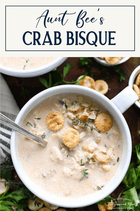 Cozy up with a bowl of Aunt Bee's Crab Bisque -- a rich, creamy, and flavorful soup that's perfect for an easy lunch or a special holiday dinner. Serve the homemade shrimp and crab bisque with a loaf of crusty bread, some oyster crackers, or a simple green salad for a restaurant-quality meal in the comfort of your own kitchen! Shrimp And Crab Bisque, Crab Bisque Soup, Crab Bisque Recipe, Flavorful Shrimp, Crab Bisque, Seafood Bisque, Creamy Crab, The Seasoned Mom, Bisque Recipe