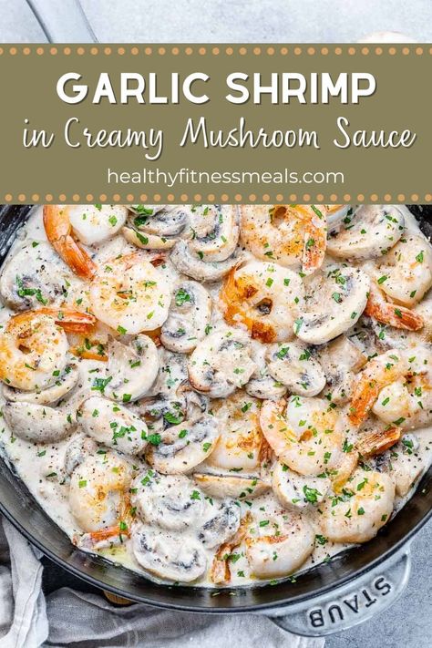 This Garlic Shrimp in Creamy Mushroom Sauce is easy, rich, and delicious. Seared shrimp drenched in a creamy, cheesy mushroom sauce that is absolutely irresistible. Made in less than 20 minutes, this shrimp recipe brings the wow factor to the table with very little effort. Serve this comforting shrimp recipe with crusty bread for dipping, or over pasta, mashed potatoes, or rice. Shrimp Mushroom Orzo Recipes, Shrimp Mushroom Rice Recipes, Mushroom And Shrimp Recipes, Shrimp With Mushrooms Recipes, Shrimp And Mashed Potatoes Recipes, Shrimp Mushroom Recipes, Shrimp And Mushroom Recipes, Mushroom Shrimp Pasta, Shrimp And Mashed Potatoes