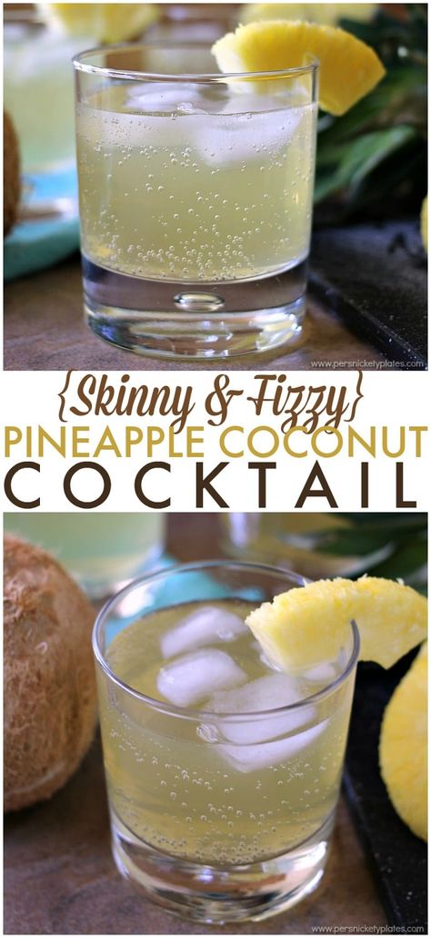 Skinny Pineapple Coconut Cocktail is a fizzy, low calorie drink that is perfect for summertime. | www.persnicketyplates.com #BeNotBland ad Low Calorie Rum Drinks, Low Calorie Mixed Drinks, Low Cal Drinks, Low Calorie Alcoholic Drinks, Low Cal Cocktail, Persnickety Plates, Coconut Rum Drinks, Coconut Cocktail, Low Calorie Cocktails