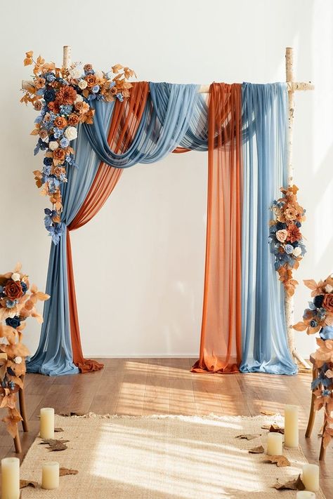 Blue And Burnt Orange Wedding Theme, Light Blue And Orange Aesthetic, Orange Wedding Backdrop, Orange And Blue Wedding, 2026 Wedding, Orange Wedding Themes, Multicolor Wedding, Color Terracota, Burnt Orange Weddings