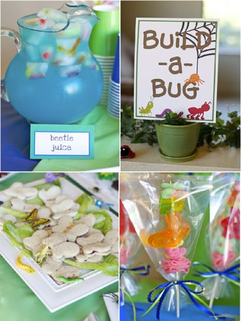 Bird's Party Blog: Real Parties: A Bug's Party + TUTORIALS + FREE printables! Bug Juice, Birthday Party Idea, Bug Party, Graduation Party Games, Bugs Life, A Bug's Life, Butterfly Party, Food Snacks, Butterfly Birthday