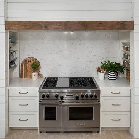 Shiplap Cooking Alcove with Spice Racks - Transitional - Kitchen Alcove Stove Kitchen, Stove Alcove, Shiplap Kitchen, Kitchen Hood Design, Backsplash Design, Dining Room Renovation, Shiplap Backsplash, Kitchen Transitional, German Kitchen