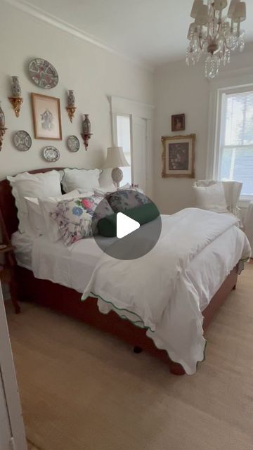 Parker Kennedy Living : Lance Jackson on Instagram: "The little guest bedroom suite is almost done … fully renovated now with a fully renovated private bathroom.  I filmed this early in the morning around 6am when the sun was just coming up! 
This was the original nursery designed by the original owners. There was another door that was covered up the 1950s renovations. It went back to an even smaller bedroom which was the nanny’s bedroom- which is now our deisgn office! This bedroom overlooks our side courtyard which is so pretty! 
It is still a large bedroom even though we call it our little guest bedroom! I had kinda updated this bedroom when we first moved in but it got a full renovation since then. We have a little ways to go - I am going to slipcover the wooden bed, add drapery panels Side Courtyard, Paint The Ceiling, More Is More, The Nanny, Happy Hump Day, Early In The Morning, Window Shutters, Drapery Panels, Large Bedroom