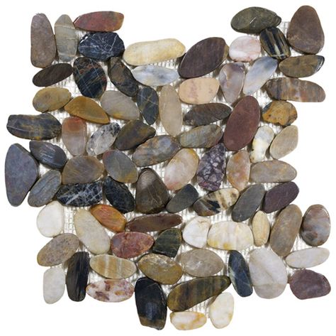 Made of natural pebbles found in river beds, these pebble mosaics will add a decorative textural element to any indoor or outdoor space.  Whether using the rounded pebbles or the flat polished pebbles, these mosaics can be used to create interesting indoor decorative flooring features including textural and functional shower floors, as well as stunning outdoor walkways and patios. Stone Mosaic Floor, Pebble Mosaic Tile, Pebble Tile, Emser Tile, Stone Mosaic Tile, Pebble Mosaic, Mosaic Wall Tiles, Polished Pebble, Pebble Stone