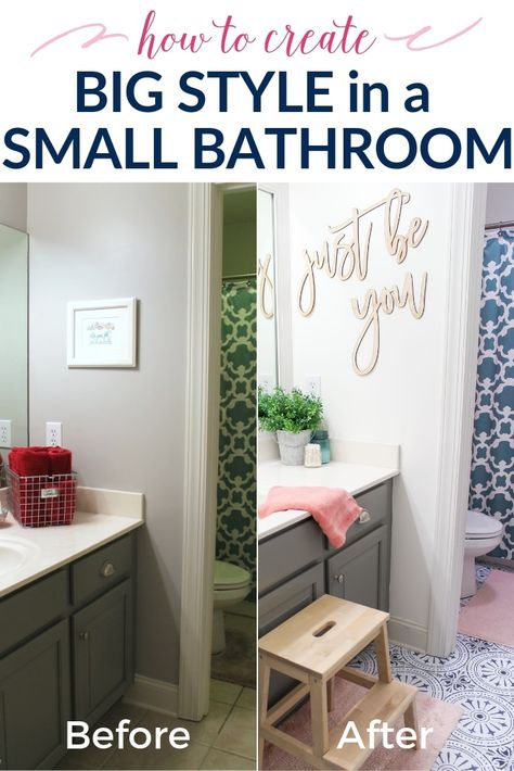 How to Create Big Style in a Small Bathroom {Girls' Bathroom Refresh Reveal} | The Turquoise Home Bathroom Decor Cheap, 1950s Bathroom Decor, Dream Board Diy, Bathroom Decor Spa, 1950s Bathroom, Decor Spa, Girl Bathrooms, Ideas For Bathroom, Small Room Design