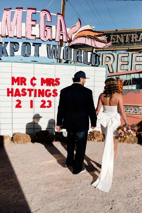 Neon Museum Engagement Photos, Short White Wedding Dress, White Trash Wedding, Neon Museum Wedding, Edgy Wedding Dress, Museum Elopement, Las Vegas Wedding Dresses, Neon Museum Las Vegas, Vegas Wedding Dress