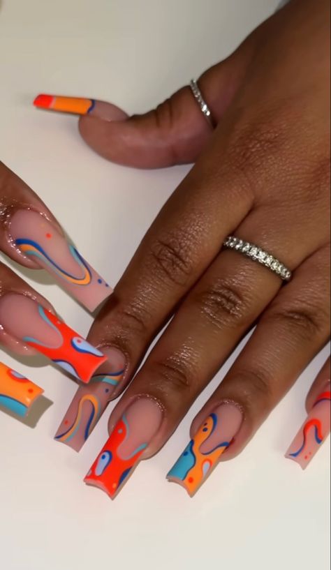 Beginner Nail Designs, Orange Acrylic Nails, 3d Nail Art Designs, Orange Nail Designs, Short Square Acrylic Nails, Long Acrylic Nails Coffin, Long Square Acrylic Nails, Unique Acrylic Nails, Metallic Nails