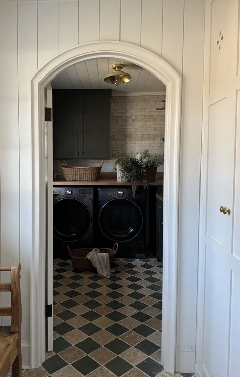 Small Mudroom Bathroom, Laundry Room In Dining Room, Laundry Room With Back Door, Brick Wall In Laundry Room, Checkerboard Tile Laundry Room, Cape Cod Laundry Room, Laundry Room With Checkered Floor, Checkerboard Floor Laundry Room, Checkerboard Tile Floor Laundry Room