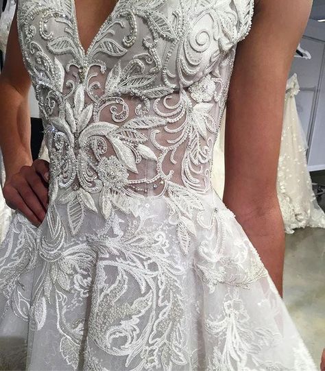 Check out this illusion bodice by @eveofmilady! Leaving us enchanted with their #fairytale details!! Boutique: @pierasbridal #EveofMilady Amalia Carrara Wedding Dresses, Eve Of Milady, All Over Embroidery, Magical Dress, Strictly Weddings, Chapel Train, Hand Beading, Low Back, Enchanted