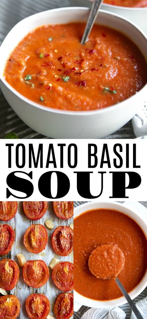 Homemade Tomato Basil Soup made with roasted tomatoes, fresh garlic, lightly caramelized onions, and fresh basil. So delicious and easy to make all year long using your favorite fresh or canned tomatoes. Vegetarian and gluten-free. Crockpot Tomato Soup, Tomato Basil Recipes, Homemade Tomato Basil Soup, Basil Soup Recipe, Tomato Basil Soup Recipe, Oven Roasted Tomatoes, Fresh Tomato Recipes, Tomato Soup Homemade, Canned Tomatoes