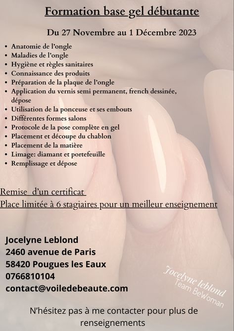 Formation de 5 jours qui vous permet d’apprendre la base de la prothésie ongulaire Nail Idea, Nails, Makeup, Make Up