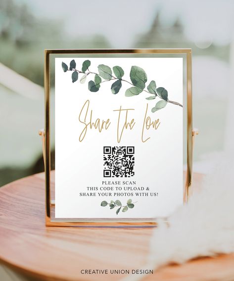 "Your guests will love easily sharing their photos of your wedding with this QR code Share The Love sign! Easy to edit and print! No special software required! PLEASE NOTE: This purchase is for a digital template. No physical item will be shipped. * * * * * TRY BEFORE YOU BUY * * * * * https://www.corjl.com/d/386LK1 * * * * * MATCHING ITEMS * * * * * For all of our beautiful coordinating items, go to our shop page and search by typing: Eucalyptus Or simply click here: https://tidd.ly/3jZ7YH6 * * Wedding Table Numbers Qr Code, Wedding Photo Spot For Guests, Sign Table Wedding Decoration, Scan Qr Code Wedding, Share Your Photos Wedding Sign, Scan Here Qr Code Design, Qr Codes For Wedding Photos, Wedding Pov App Sign, Qr Code Wedding Photo Sharing