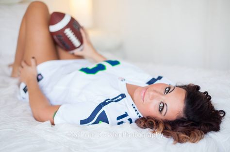 Sports jerseys and a football...great combo for the sport lover www.schonakesslerphotography.com/boudoir Football Jersey Bouidor Photography, Sports Bouidor Photography, Baseball Boudiour Photo Ideas, Jersey Bouidor Photography Ideas, Sports Photoshoot, Braves Jersey, Boudiour Poses, Hot Fan, Bouidor Photography