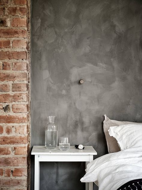 Exposed brick and grey limewash combined on a bedroom wall Brick Bedroom Ideas, Grey Limewash, Exposed Brick Bedroom, Brick Wall Bedroom, Wall Behind Bed, Brick Bedroom, Light Wood Bed, Limewash Walls, Woodland House