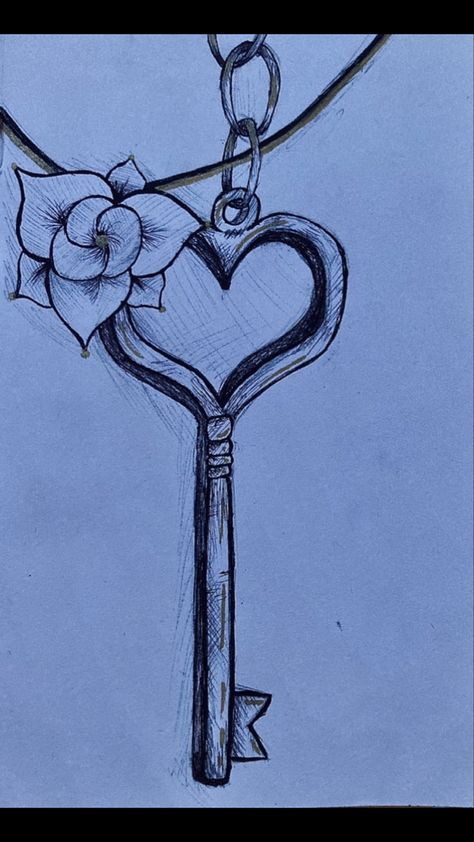 Drawing of a heart key and flower Lock Sketch Drawings, Lock And Key Drawing Sketches, Key And Lock Drawing, Heart Drawings Love, Key To My Heart Drawing, Key Hole Drawing, Key Drawing Simple, Lock And Key Drawing, Drawing Heart Love