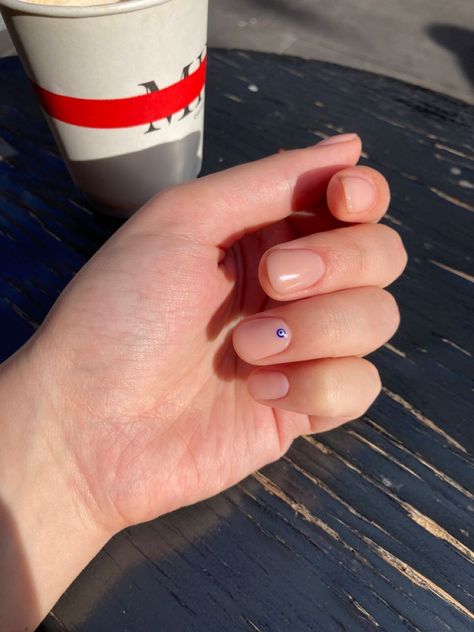 Short nails with evil eye design Biab Nails Short Natural, Short Nail Evil Eye, Evil Eye Nails Simple, Nails With Evil Eye Design, Short Evil Eye Nails, Evil Eye Nails Short, Biab Nails Short, Nails With Evil Eye, Evil Eye Nail Design