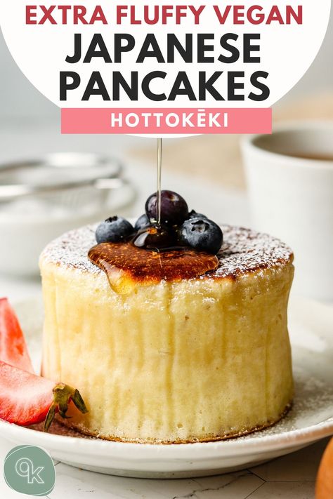 Vegan Fluffy Japanese Pancakes (Hottokēki) - Okonomi Kitchen Vegan Japanese Dessert Recipes, Vegan Japanese Pancakes, Vegan Souffle Pancake, Vegan Pancakes Fluffy, Vegan Asian Desserts, Vegan Souffle, Fluffy Japanese Pancakes Recipe, Pancakes Recipe Vegan, Vegan Japanese Recipes