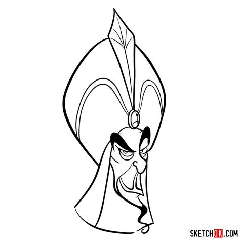 This is a simple 12 steps drawing tutorial that will show you how to draw Jafar, the main antagonist in the Disney's Aladdin. Antagonist Ideas, Villain Party, Steps Drawing, Disney Villain Party, Aladdin Characters, Villains Party, Easy Drawing Guides, Easy Disney Drawings, Face Outline