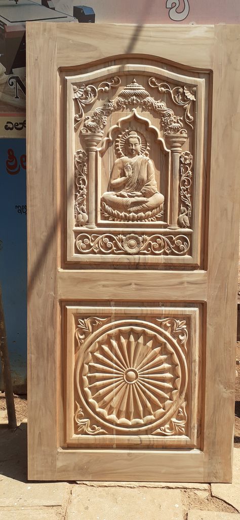 Single door with Design Lord Buddha and chakra Buddha Main Door Design, Teak Wood Door, Ashoka Chakra, Door Design Photos, Lord Buddha, Main Door Design, Design Wood, Main Door, Wood Door