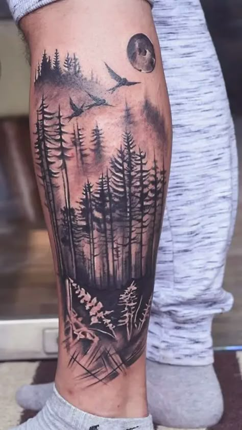 Men's Leg Tattoos, Mountain Sleeve Tattoo, Simple Leg Tattoos, Calf Tattoo Men, Tatoo 3d, Tattoo Band, Forest Tattoo, Animal Sleeve Tattoo, Nature Tattoo Sleeve