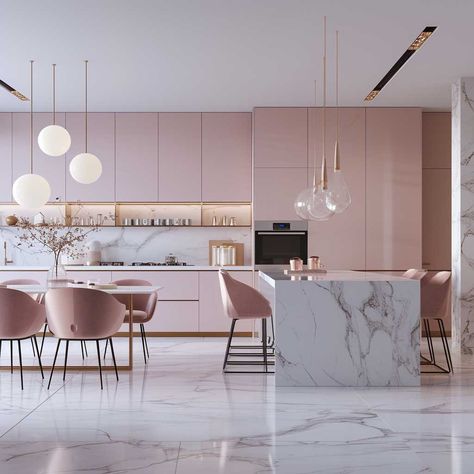 Effortless Elegance in Pink Color Interior Design • 333+ Images • [ArtFacade] Soft Pink Highlights, Pink Kitchen Furniture, Color Interior Design, White Modern Kitchen Ideas, New Kitchen Ideas, Blush Living Room, Contemporary Kitchen Island, Modern Wood Kitchen, Pink Cabinets