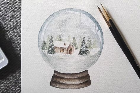 Watercolour: How to Paint Snow Globes | Sharone Stevens | Skillshare Christmas Snow Globe Drawing, Snow Globe Drawing, Globe Drawing, Christmas Arts, Christmas Snow Globe, Drawing Realistic, Christmas Card Art, Watercolor Card, Christmas Snow Globes