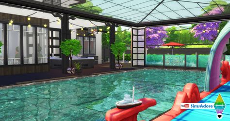 Mod The Sims - Modernica - Modern house with covered pool - NO CC Sims 4 Pool House, Sims 4 Indoor Pool, Sims 4 Pool Ideas, Sims Pool, Covered Pool, Sims Design, Sims Lots, Sims 4 Modern House, Sims Lookbook