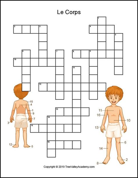 French body parts worksheet. Free printable crossword to practice the names of body parts in french. | Fiche de travail sur les parties du corps. Mots croisés gratuits. Les Parties Du Corps Activities, Body Parts Worksheet, French Body Parts, Human Body Vocabulary, Learning French For Kids, Parties Du Corps, French Worksheets, Math Activities For Kids, French Language Lessons