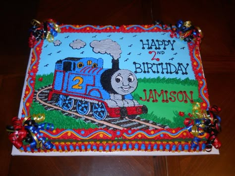 All buttercream.  Learned all my sheet cake skills from cakery's beautiful sheet cakes. :) Train Sheet Cake, Thomas And Friends Cake, Thomas Birthday Cakes, Sheet Cake Ideas, Train Birthday Theme, Thomas Train Birthday, Toddler Birthday Cakes, Thomas Birthday Parties, Thomas Train Cake