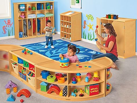 Daycare Furniture, Kids Wooden Table, Montessori Kindergarten, Preschool Furniture, Daycare Design, Storage Center, Lakeshore Learning, Home Daycare, Flexible Seating