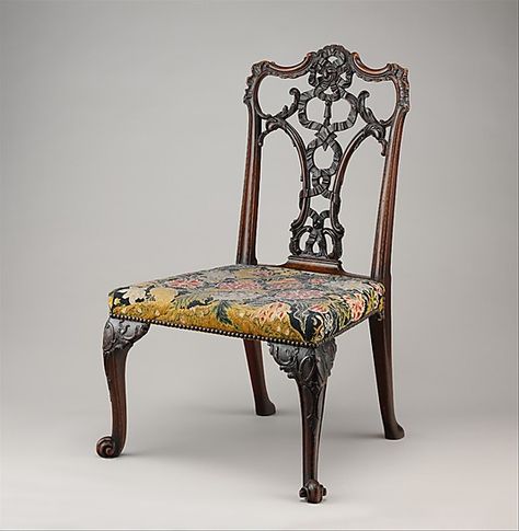 Side Chair, c.1755–60  after a design by Thomas Chippendale  (1718–1779)  Mahogany; tent stitch embroidery on canvas Interesting Chairs, Banquet Design, Embroidery On Canvas, Thomas Chippendale, Chippendale Furniture, Chippendale Design, Chippendale Chairs, Georgian Furniture, Tent Stitch