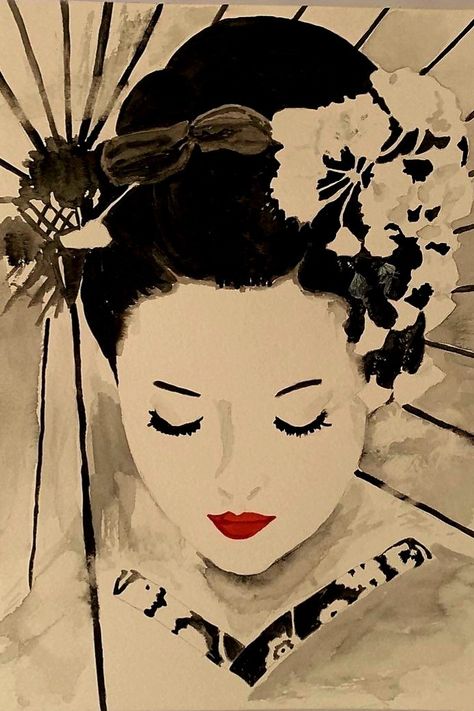 Japanese Geisha Drawing, Minimalistic Tattoo Ideas, Minimalistic Tattoo, Chinese Art Painting, Geisha Art, Japanese Drawings, Japanese Quilts, Japanese Art Prints, Asian Painting