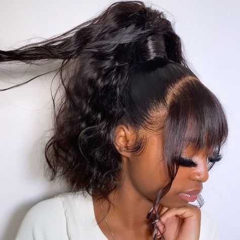 @sheer_glow on Instagram: "Frontal ponytail with a twist 🥺😋 We love when our clients allow us to get creative and put trust in us!! 😍 Get this look by booking the “high bun frontal ponytail” via our booking link FRINGE CUT IS OPTIONAL" Fringe Hairstyles Ponytail, Ponytail Hairstyles With Fringe, Ponytail With Fringe Black Women, Fringe With Ponytail, Fringe Ponytail Hairstyles, High Ponytail And Bangs, Ponytail With Fringe, Ponytail With Bangs For Black Women, Bangs With Ponytail