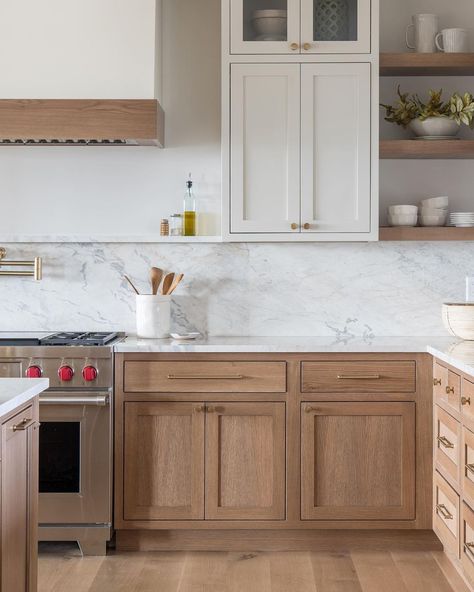 Every detail matters when you’re designing your kitchen - even the corners. 🤍 Here we added interest by incorporating floating shelves… | Instagram Dream Cottage Interior, White Oak Cabinets, Manhattan Ks, Barn Kitchen, Design Your Kitchen, Mid Century Modern Kitchen, Transitional Kitchen, Kitchen Colors, Hidden Storage