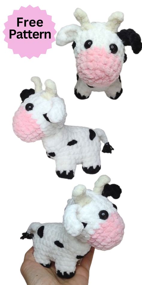 Crochet Cow Amigurumi | Free Pattern | Animal | Farm | Low-sew Crochet Cow Head Free Pattern, Beginner Crochet Cow Pattern Free, No Sew Cow Crochet, Farm Animal Crochet, Small Cow Amigurumi Free Pattern, Tiny Cow Crochet Pattern, Funny Cow Crochet Pattern Free, Crochet Farm Animals, Amigurumi Cow