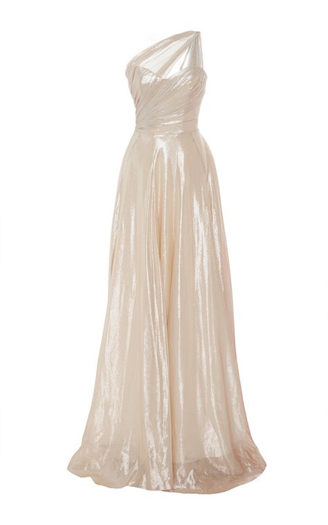 Draped One Shoulder Metallic Ball Gown by ROMONA KEVEZA for Preorder on Moda Operandi Sequined Wedding Dress, Large Gowns, Metallic Ball, Metallic Gown, Romona Keveza, Lauren Bacall, Gala Dresses, Mein Style, Two Men