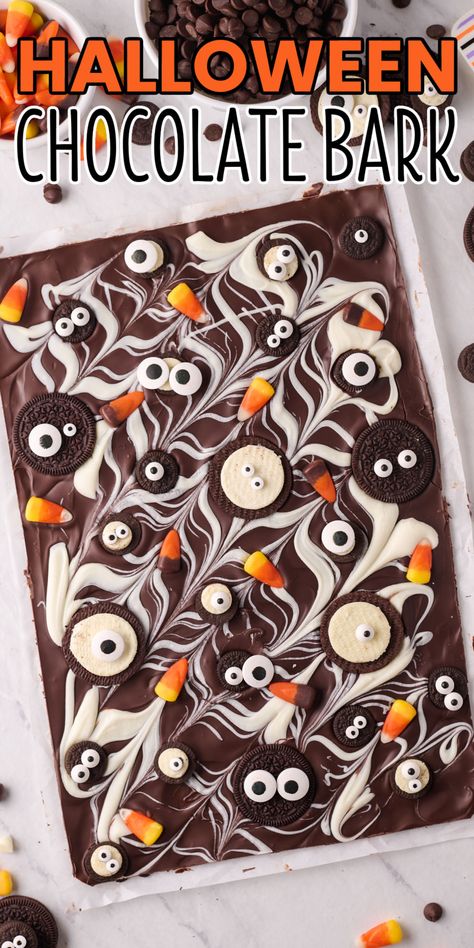 Ghost Chocolate Bark, Brownie Decorating Ideas Halloween, Halloween Chocolate Bark Recipes, Halloween Bark Candy White Chocolate, Halloween Dessert Bar, Halloween Scotcheroos, Halloween Cracker Bark, Halloween Bars Dessert, Chocolate Covered Halloween Treats