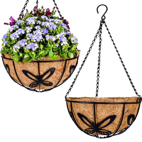 PRICES MAY VARY. ✅ 🦋 Butterfly Pattern: This hanging basket planter has a natural look giving your patio a new style. The generous round shape underscores spreading flowers. These baskets give a protected and excellent container for your plants to flourish. ✅🥥 THE COIR LINER: Liner woven from natural coconut fiber, Keep plants roots healthy by allowing for air and water circulation. ✅💪 DURABLE MATERIAL: The frame pot is metal construction and powder coated for rust resistance, chains and hook Strawberries In Hanging Baskets, Flower Pot Hanger, Grow Strawberries, Metal Hanging Planters, Vertical Wall Planters, Planter Basket, Hanging Flower Baskets, Hanging Flower Pots, Growing Strawberries