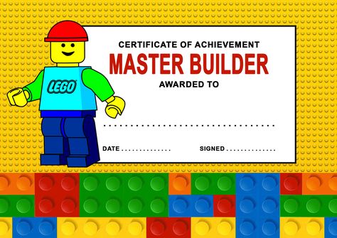 Lego Master Builder Certificate, Lego Certificate Printable, Lego Teacher, Lego Corner, Lego Master Builder, Lego Night, Lego Bible, Lego Party Decorations, Lego Camp