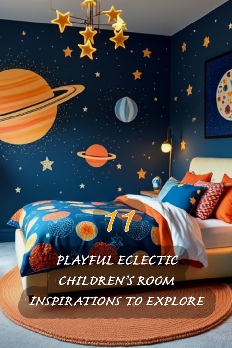 I absolutely love this vibrant and playful children's room! With its enchanting space theme featuring planets and stars, it sparks imagination and creativity. The deep blue walls create a captivating backdrop, while the cozy bed adorned with colorful bedding invites comfort. This design showcases how to blend fun with functionality, making it a perfect haven for young dreamers. Toddler Room Wall Paint, Toddler Room Paint Ideas, Children Bedroom Wallpaper, Toddler Space Room, Fun Boys Room, Toddler Room Inspiration, Astronaut Bedroom, Unique Kids Bedrooms, Japandi Dining Room